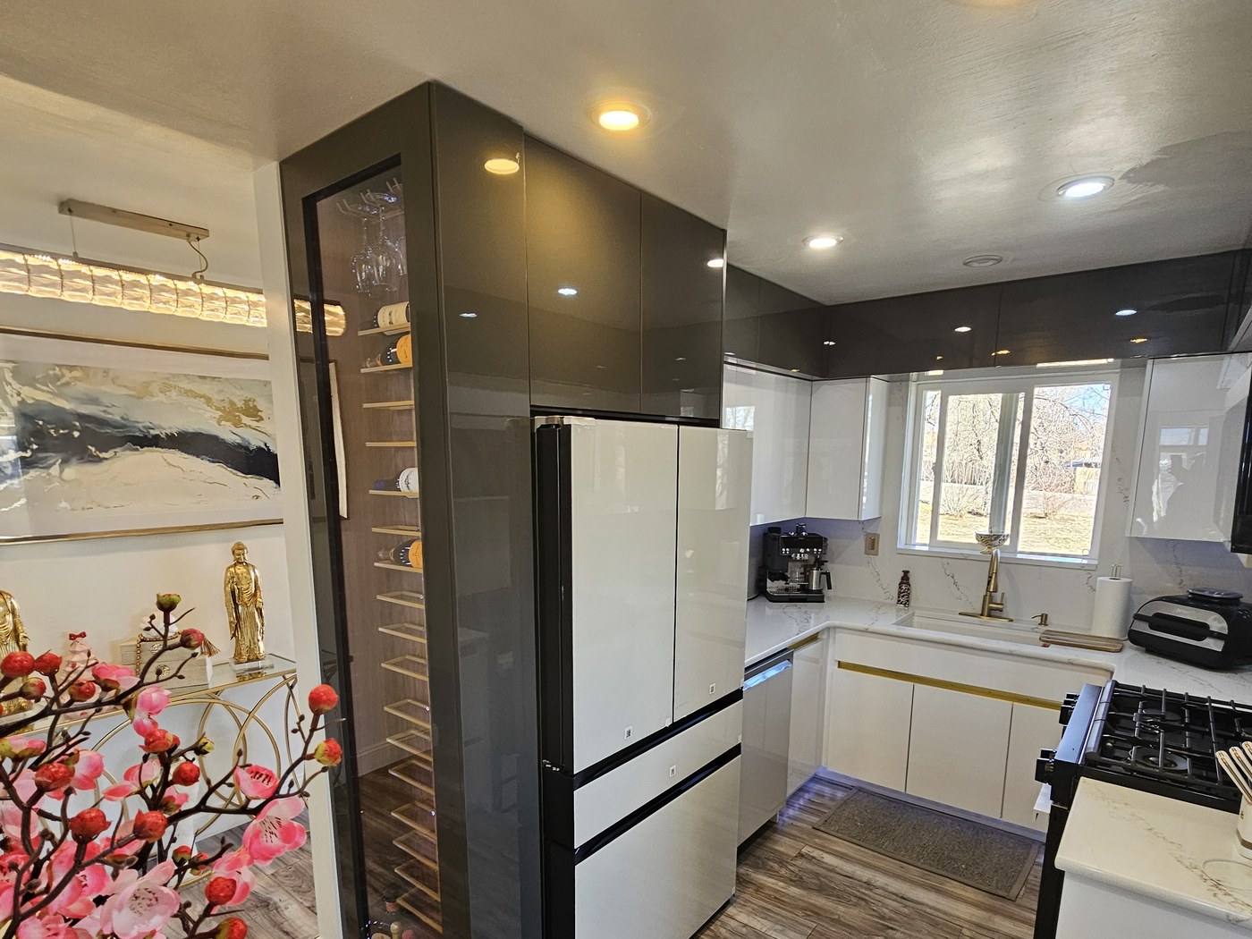 White & Gold Kitchen with Wine Storage